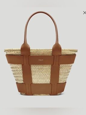 NWT, DeMellier The Santorini, Natural Straw Tote, Brown Leather Handles, Harness